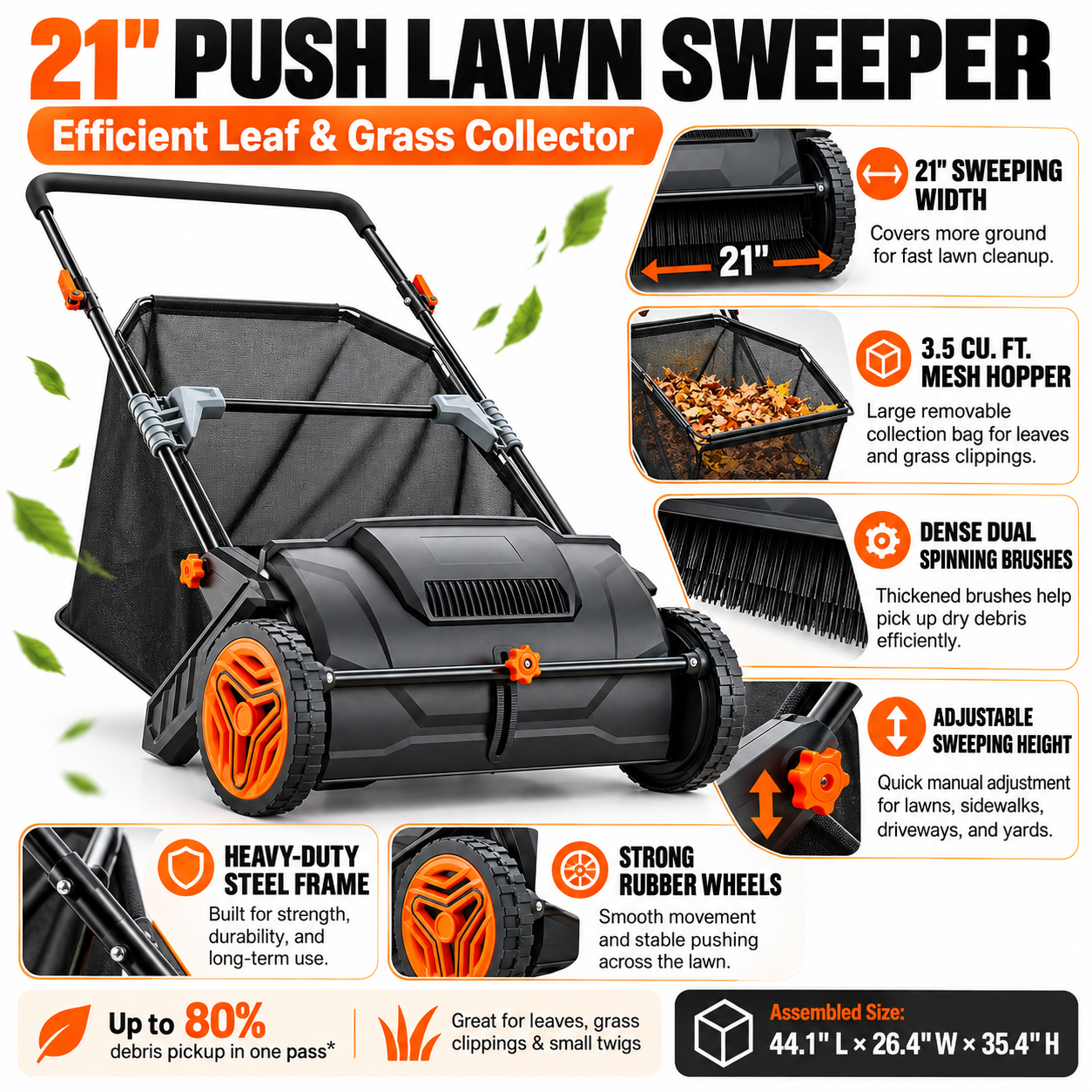 Yardsyer 21-Inch Manual Push Lawn Sweeper for Leaves & Grass