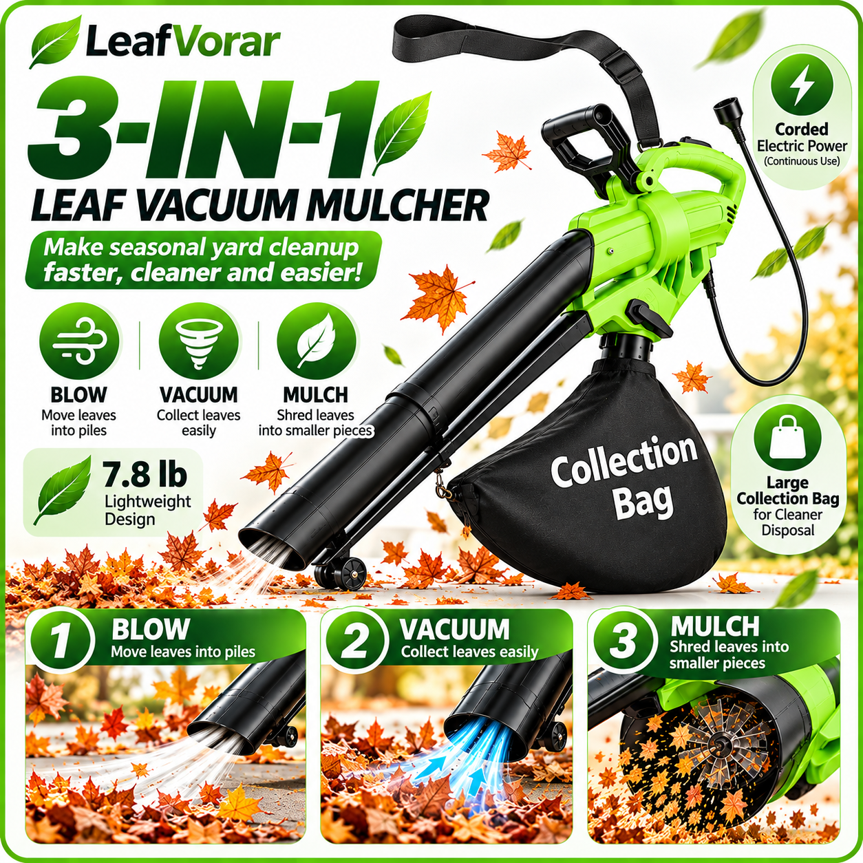 LeafVorar 3-in-1 Corded Electric Leaf Vacuum Mulcher & Blower