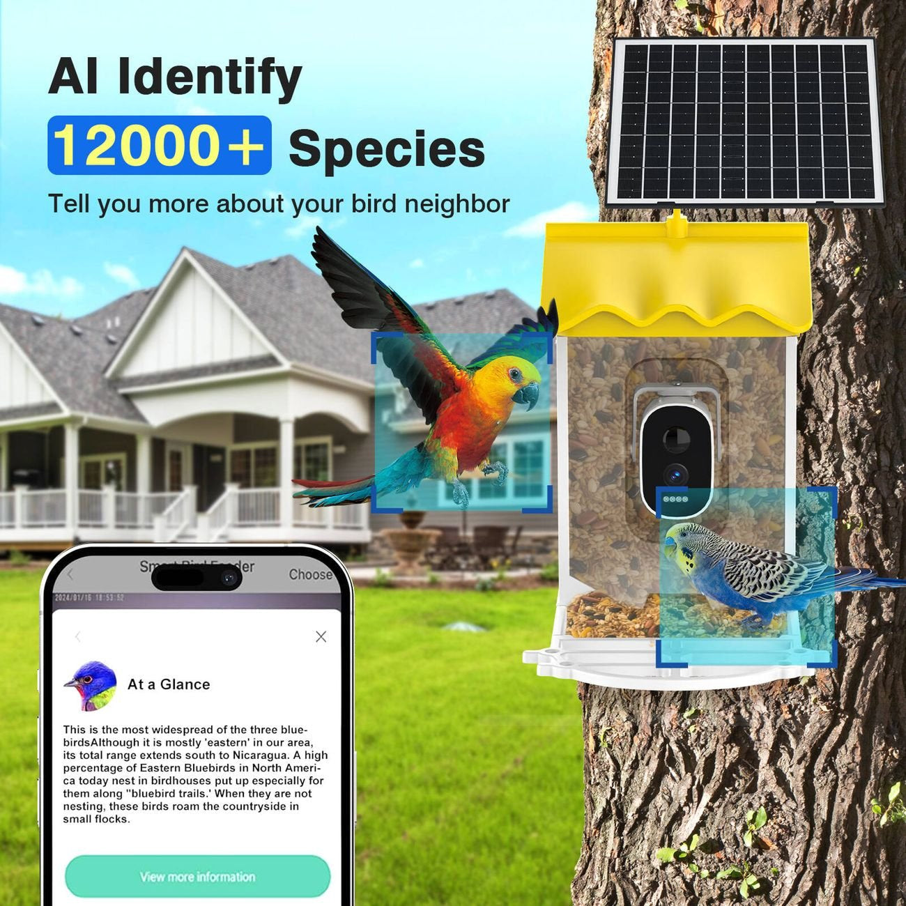 BirdieSaw AI Bird Feeder Camera with 7W Solar Panel & HD Streaming