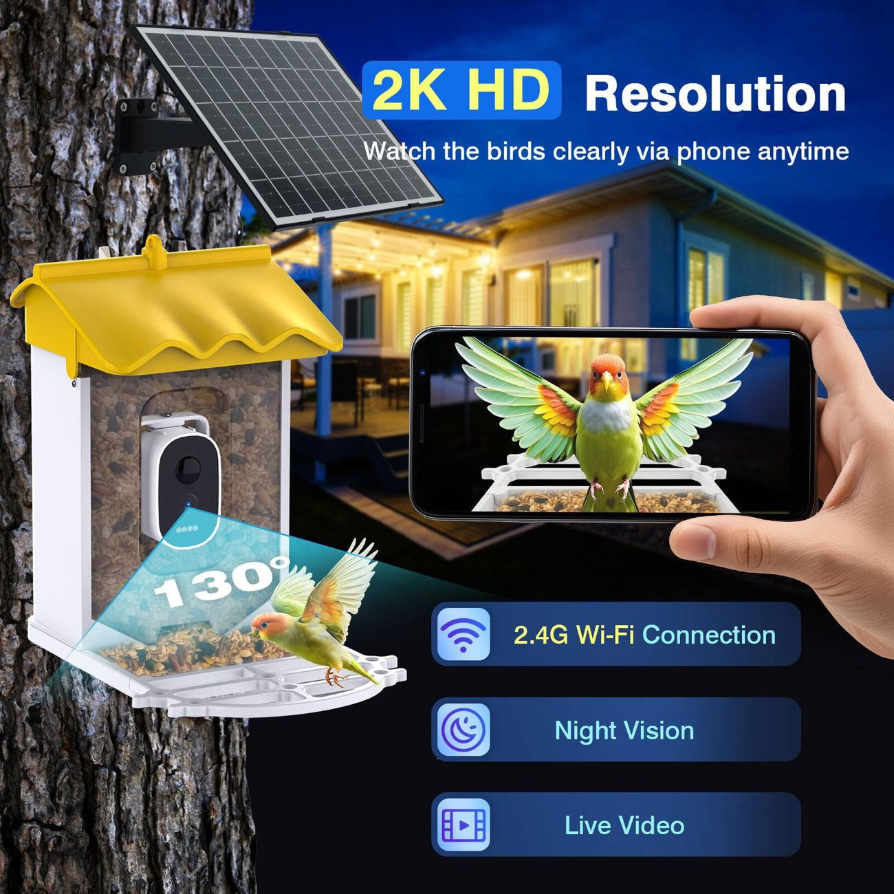 BirdieSaw AI Bird Feeder Camera with 7W Solar Panel & HD Streaming