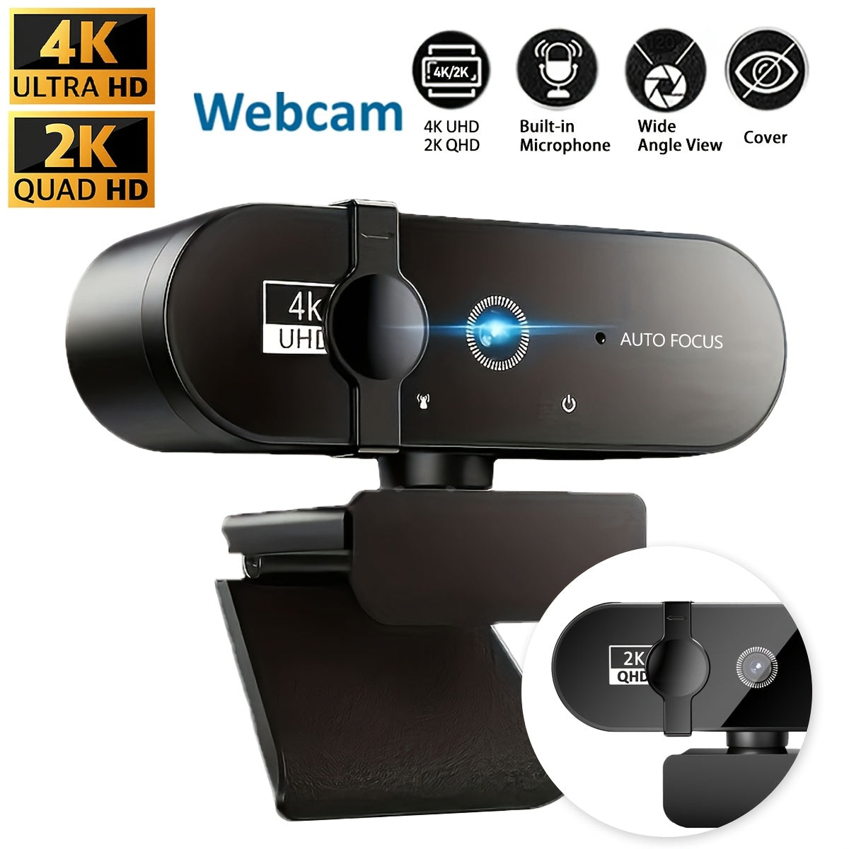 Camlyraxe 4K Ultra HD Webcam with Auto-Focus and Privacy Cover