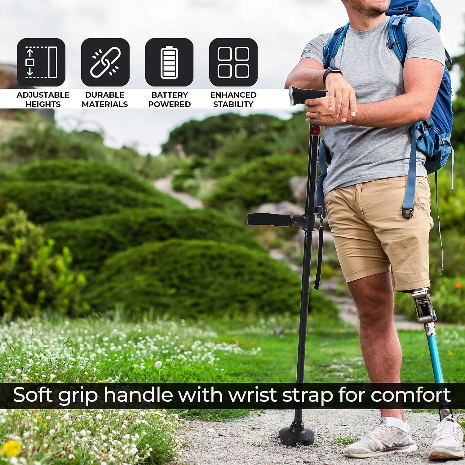 Caniffit Dual Handle Walking Cane with LED Torch and Alarm