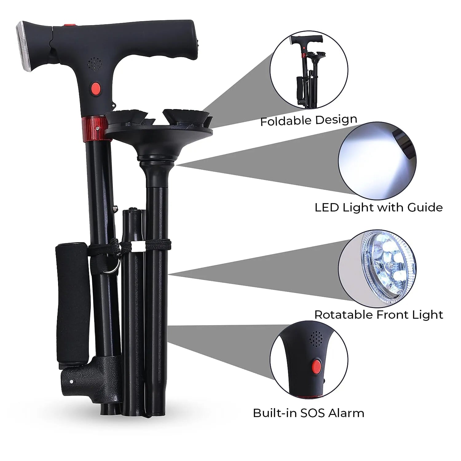 Caniffit Dual Handle Walking Cane with LED Torch and Alarm