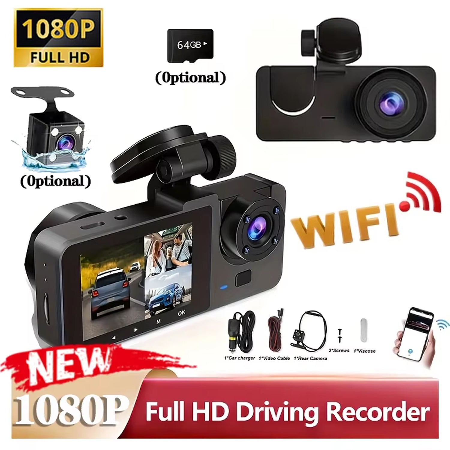 Dasimacal Triple-Channel Dashcam with WiFi and Night Vision