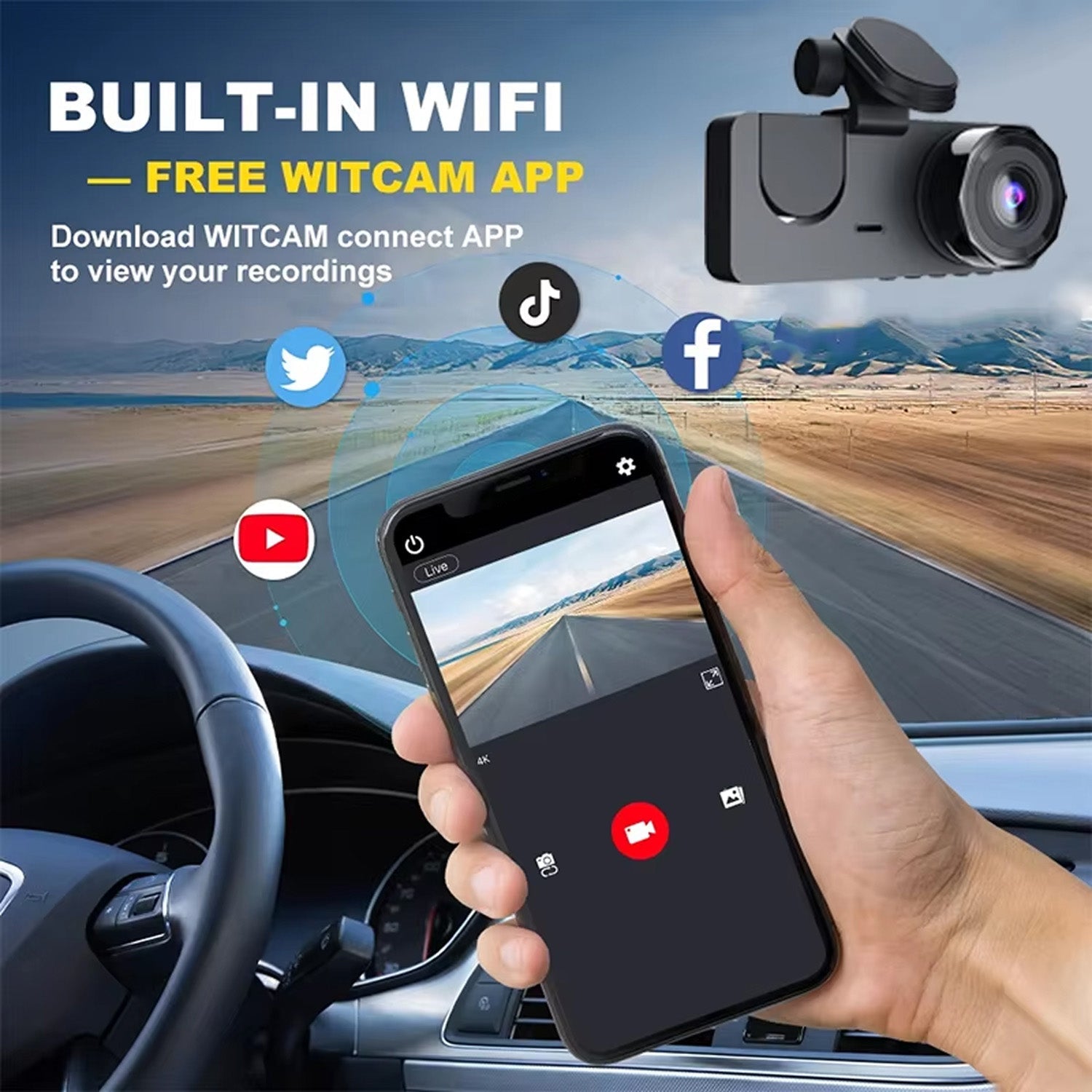 Dasimacal Triple-Channel Dashcam with WiFi and Night Vision