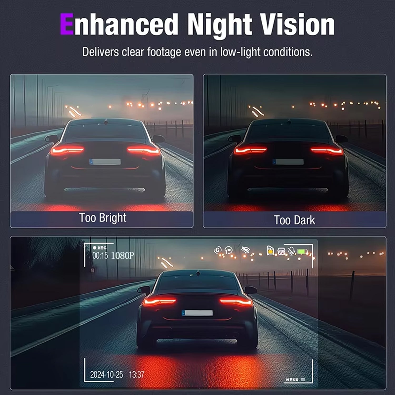Dasimacal Triple-Channel Dashcam with WiFi and Night Vision