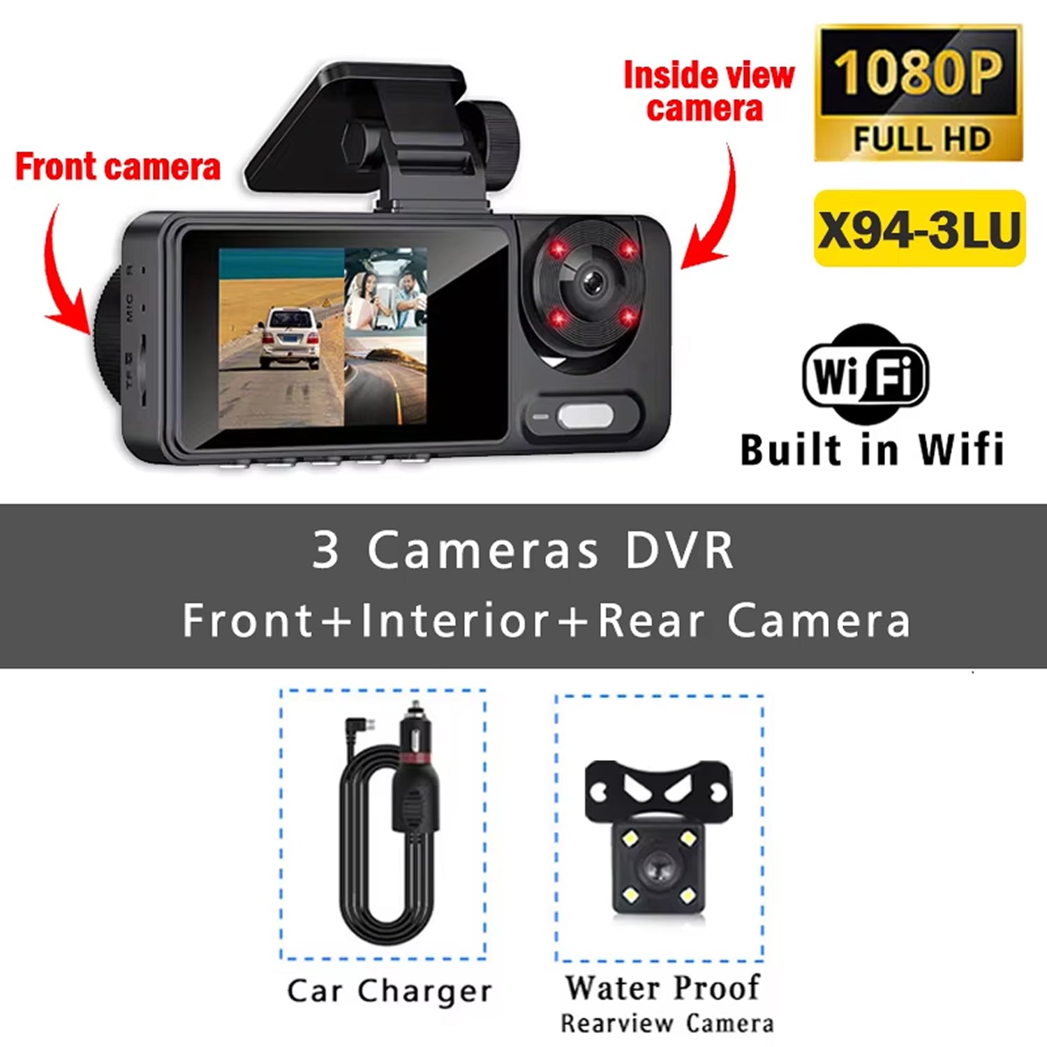 Dasimacal Triple-Channel Dashcam with WiFi and Night Vision