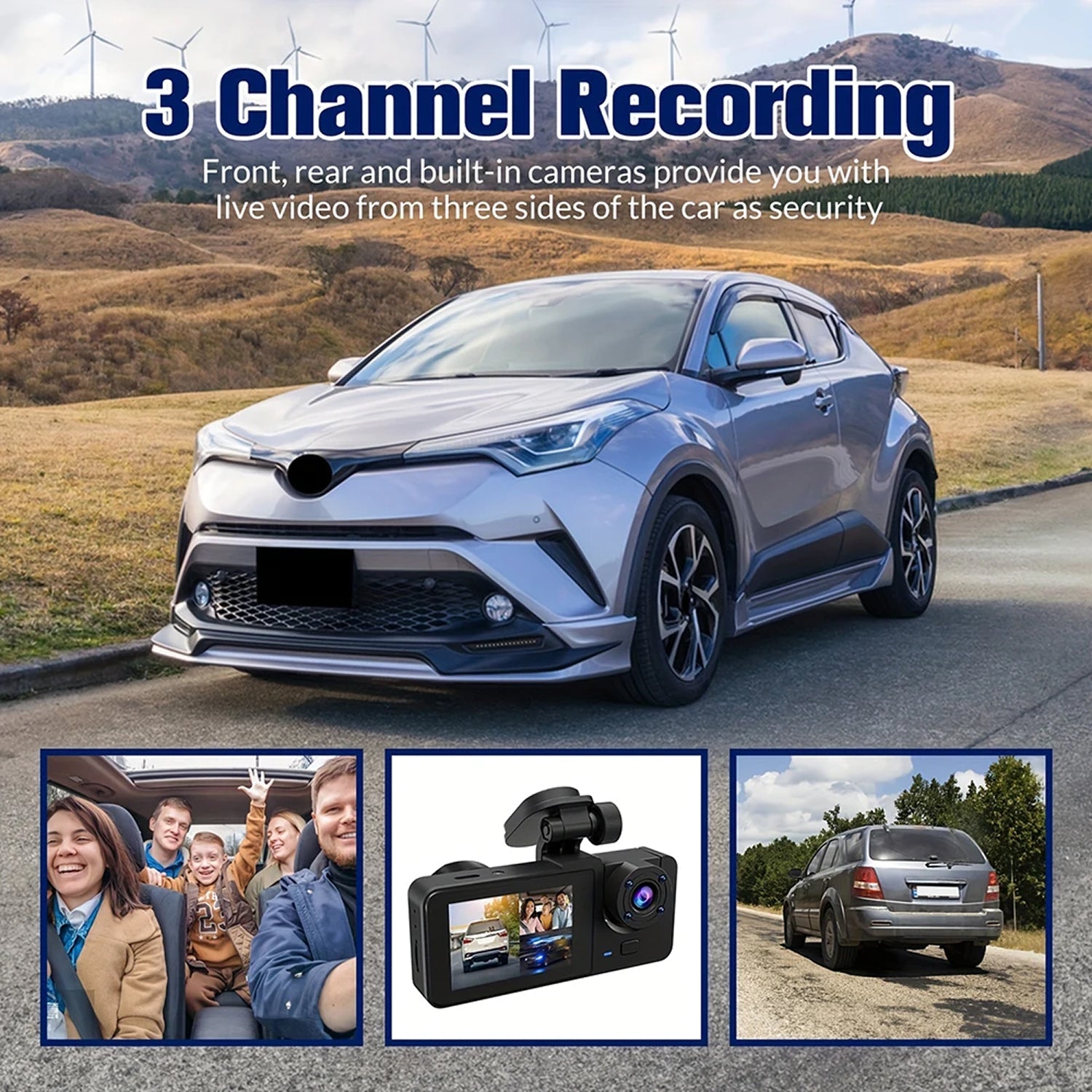 Dasimacal Triple-Channel Dashcam with WiFi and Night Vision
