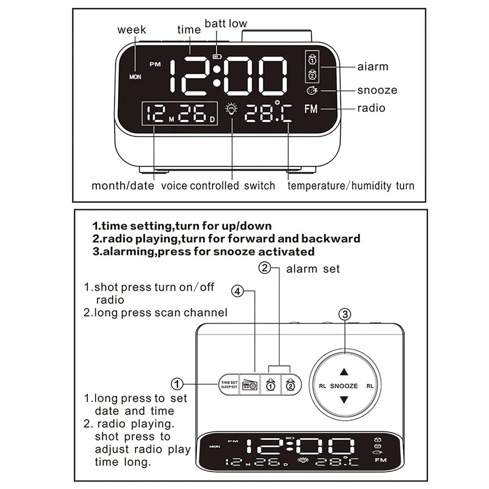 Dawlody Alarm Clock Radio with Dual USB Charging & LED Calendar