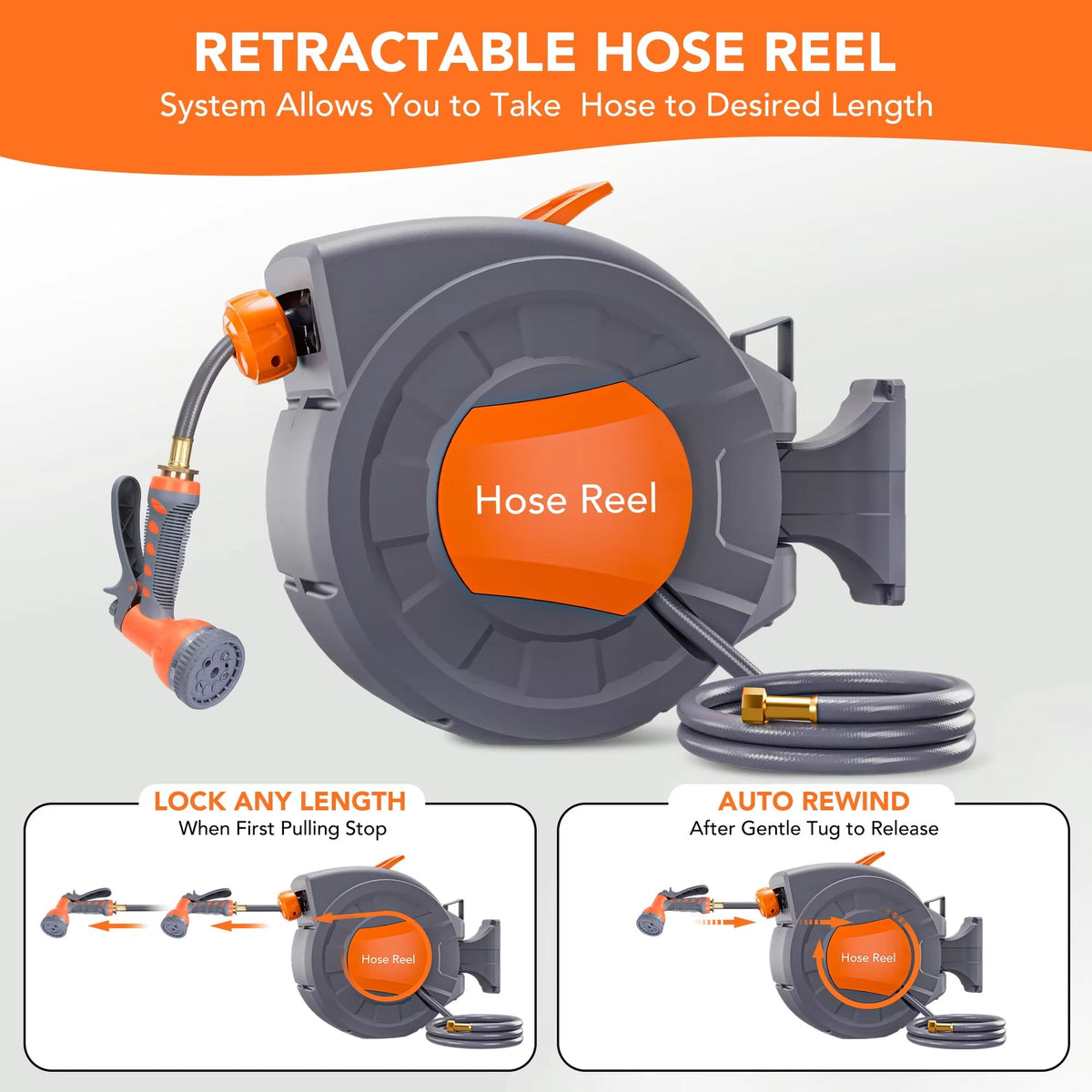 FlexCoily Retractable Garden Hose Reel | 50FT Wall-Mounted Auto-Rewind Hose