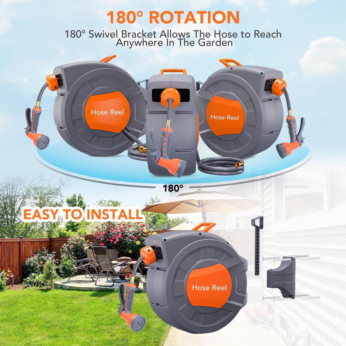 FlexCoily Retractable Garden Hose Reel | 50FT Wall-Mounted Auto-Rewind Hose