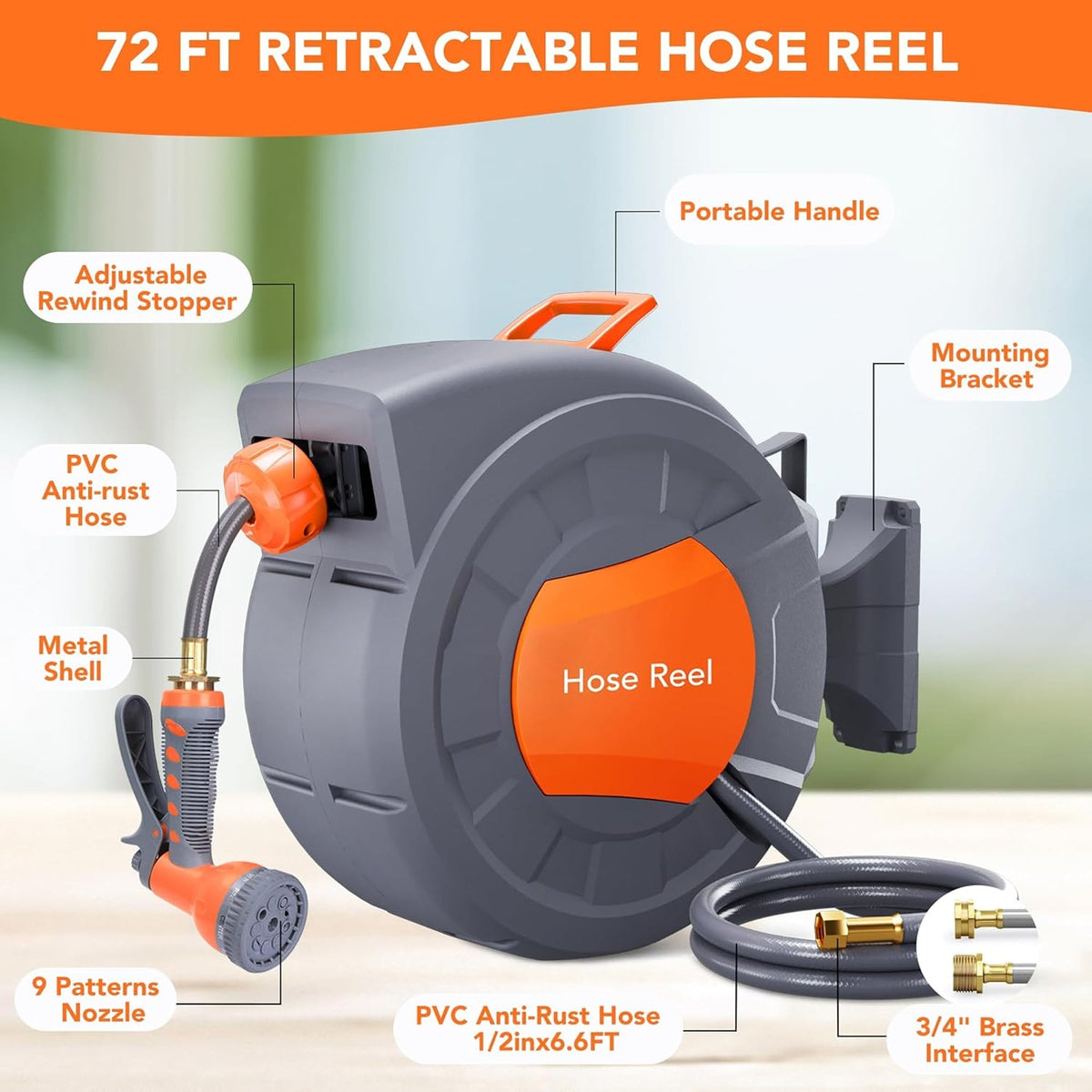 FlexCoily Retractable Garden Hose Reel | 50FT Wall-Mounted Auto-Rewind Hose