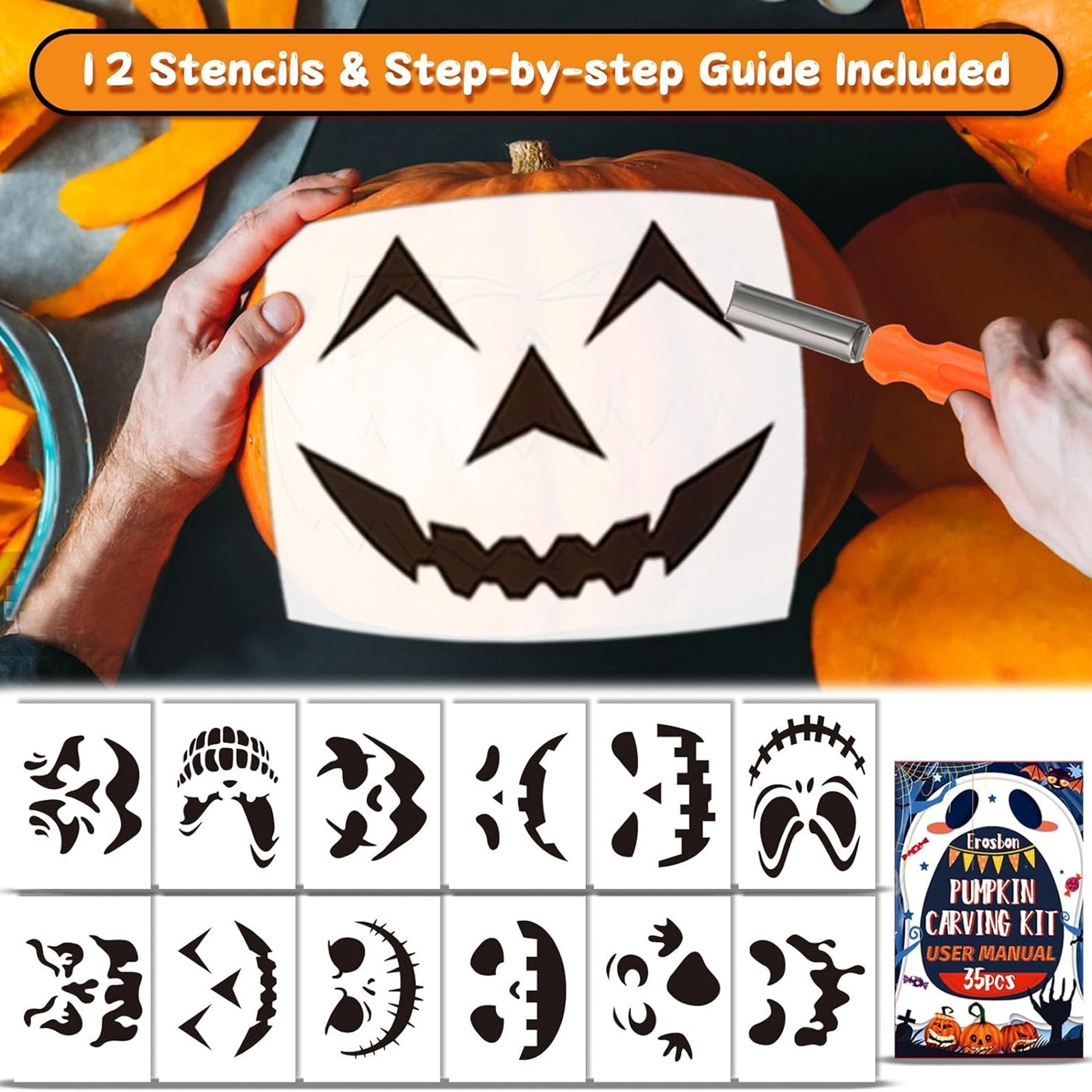HaloCarve 37-Piece Heavy Duty Pumpkin Carving Kit with Stencils & Case