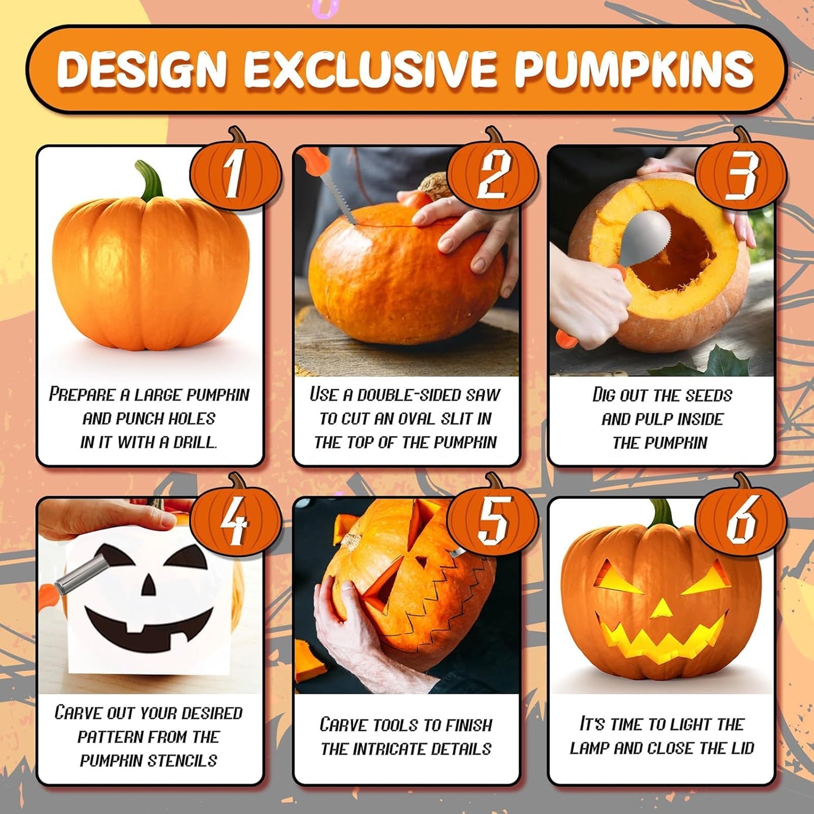 HaloCarve 37-Piece Heavy Duty Pumpkin Carving Kit with Stencils & Case