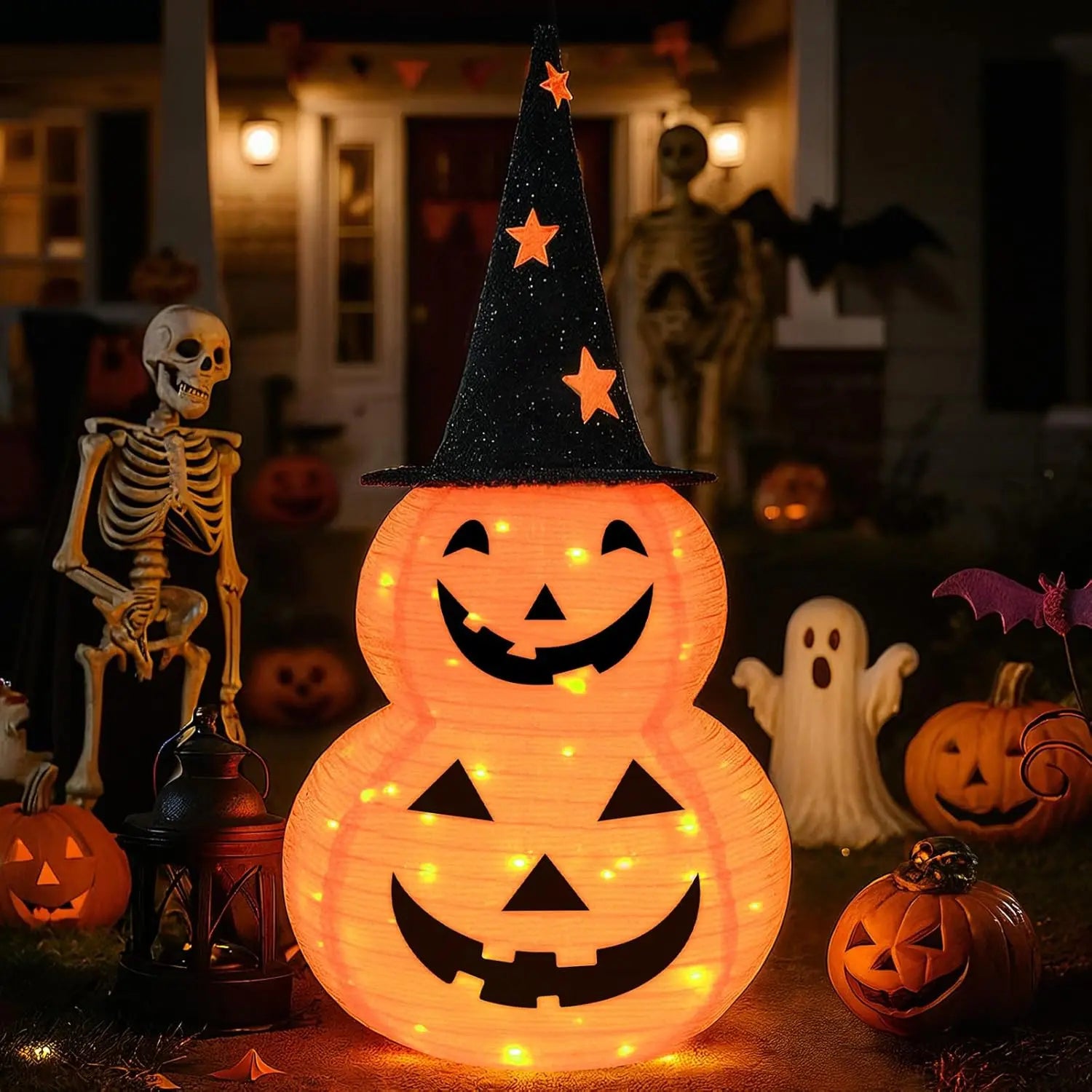 Pumporain 3FT Collapsible Lighted Pumpkin Stack with 8 Modes