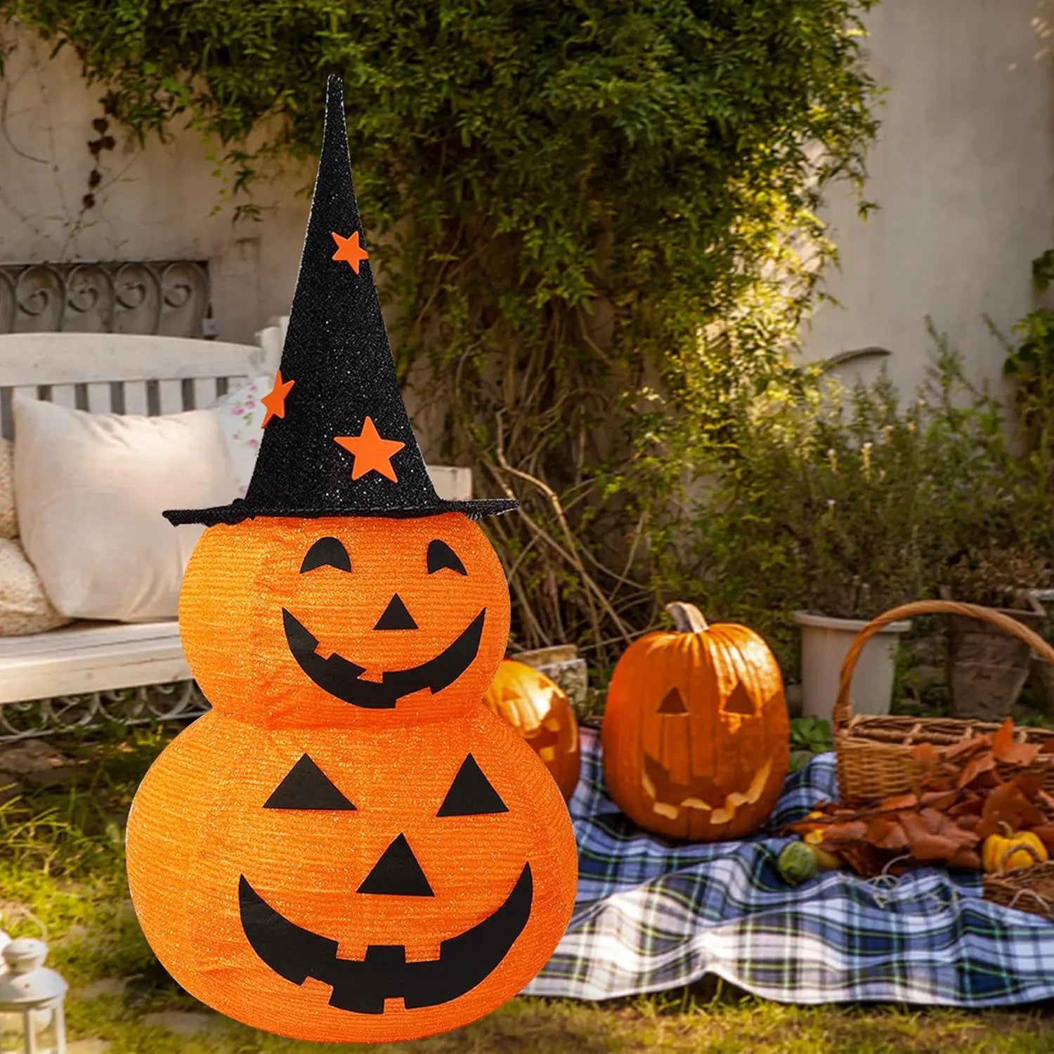 Pumporain 3FT Collapsible Lighted Pumpkin Stack with 8 Modes