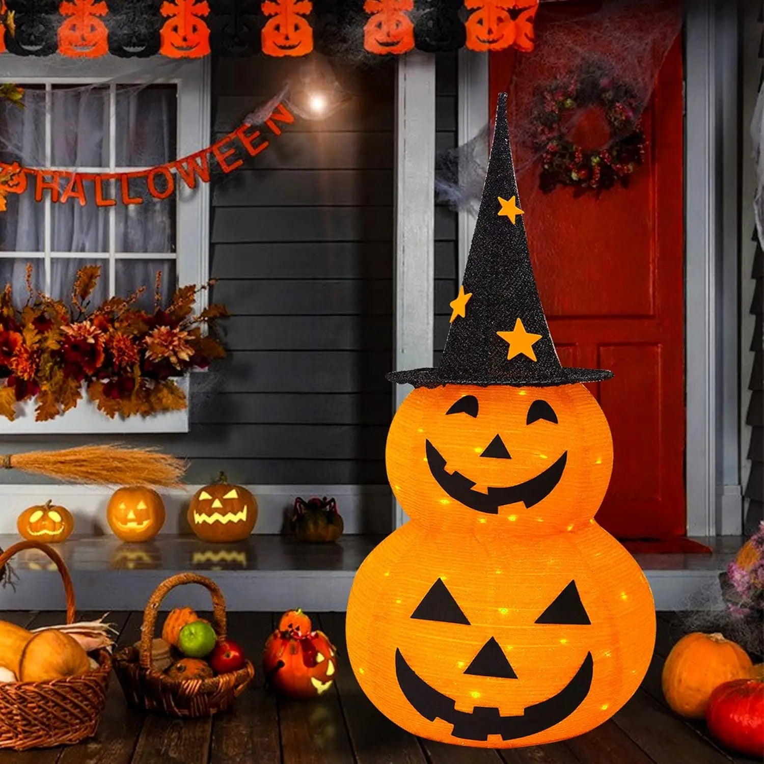 Pumporain 3FT Collapsible Lighted Pumpkin Stack with 8 Modes