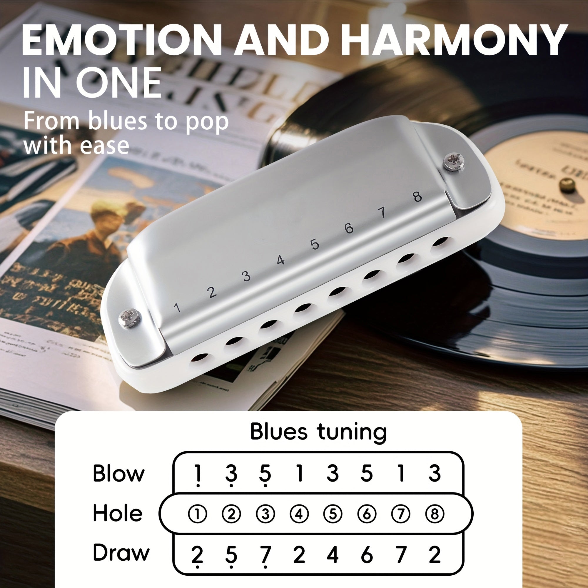 RifixCors 8-Hole Beginner Blues Harmonica in Key of C with Case