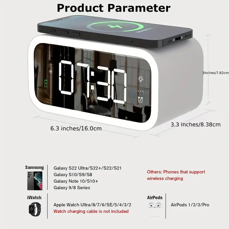 Tinyclarm Mirror Clock with 15W Wireless Charging