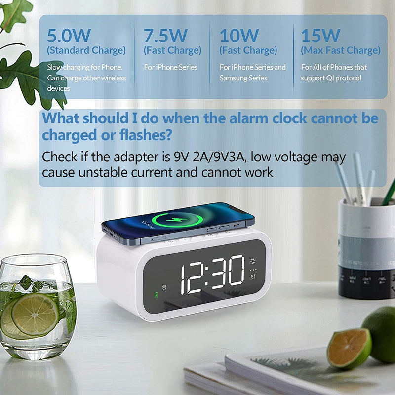 Tinyclarm Mirror Clock with 15W Wireless Charging