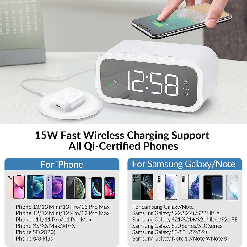 Tinyclarm Mirror Clock with 15W Wireless Charging