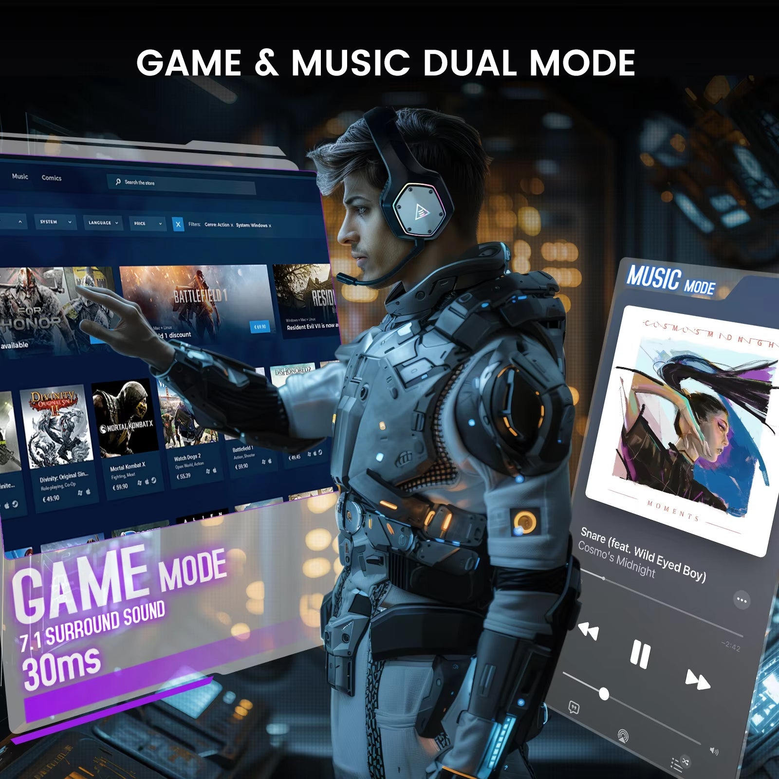 WodenEko Wireless Gaming Headset 7.1 Surround Sound